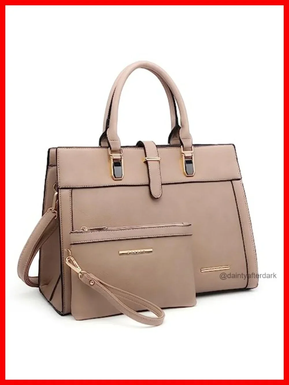 Vegan Leather Belted Satchel Tote with Matching Wristlet, Gold-Tone Hardware